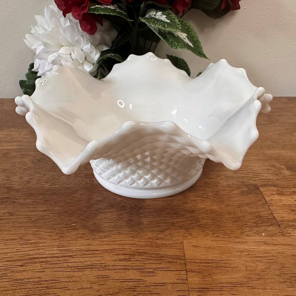 Westmoreland Vintage Milk Glass Bowl Open Lace Edge Reticulated Pedestal Wedding